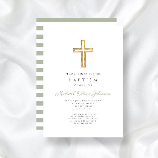 Sage Green Stripes Religiöse Cross Baptismus Einladung