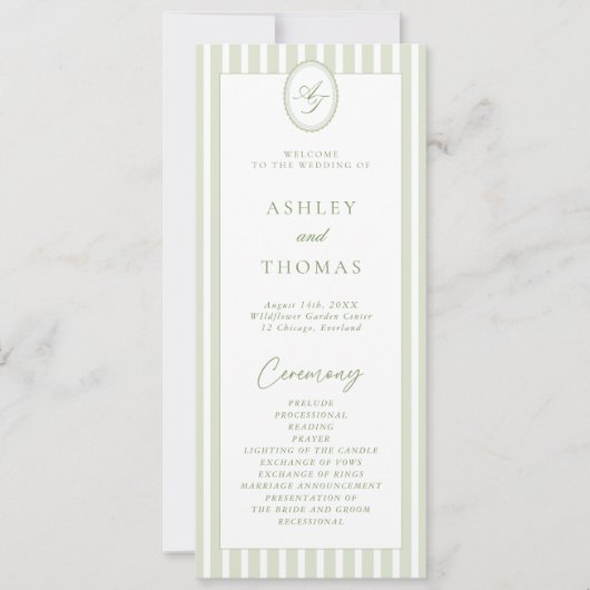 Sage Green Stripes Wedding Program Einladung (Vorderseite)