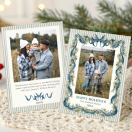 Sage Green Stripped Blue Bow Christmas 2 Photo Feiertagskarte
