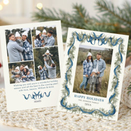 Sage Green Stripped Blue Bow Christmas 5 Photo Feiertagskarte