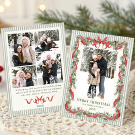 Sage Green Stripped Red Bow Christmas 5 Photo Feiertagskarte