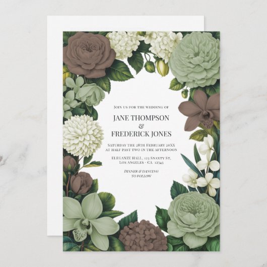 Sage Green, Taupe & Ivory Floral Wedding Einladung (Vorne/Hinten)