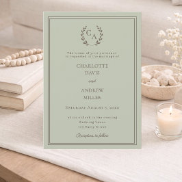 Sage green taupe wreath monogram simple wedding  einladung
