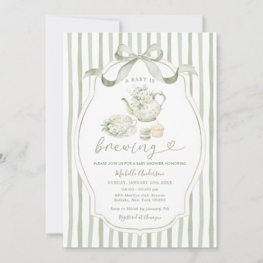 Sage Green Tea Party Baby Shower Stripe Invitation Einladung (Vorderseite)