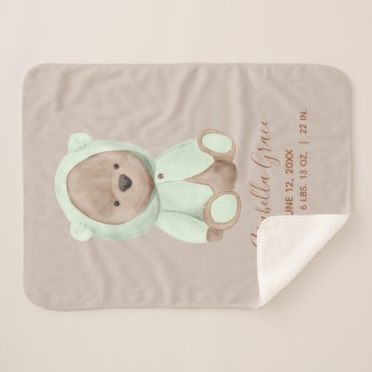 Sage Green Teddy Bear Baby Birth Stats Sherpadecke (Vorderseite (Horizontal))