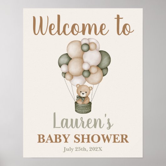 Sage Green Teddy Bear Baby Dusche Begrüßungszeiche Poster (Vorne)