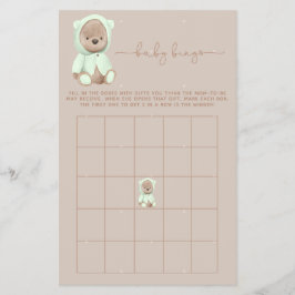 Sage Green Teddy Bear Baby Dusche Bingo Game Flyer