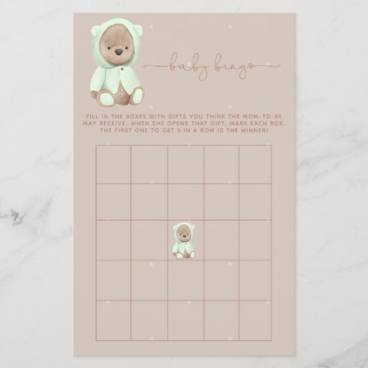 Sage Green Teddy Bear Baby Dusche Bingo Game Flyer (Vorne)