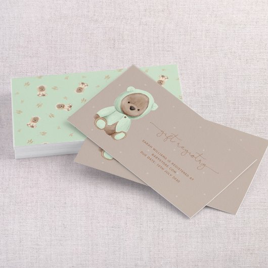 Sage Green Teddy Bear Baby Shooting Registrierung Visitenkarte