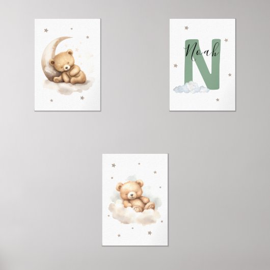 Sage Green Teddy Bear Nursery Wall Art Bilderwand Sets (Vorderseite)