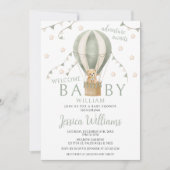 Sage Green Teddy Hot Air Ballon Baby Boy Dusche Einladung (Vorderseite)