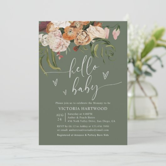 Sage Green Terracotta Fall Florals Baby Dusche Einladung (Stehend Vorderseite)