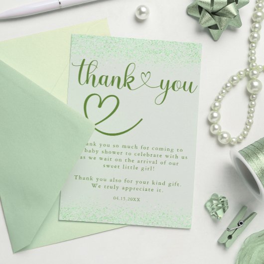 Sage Green Thank You Heart Confetti Script Dankeskarte