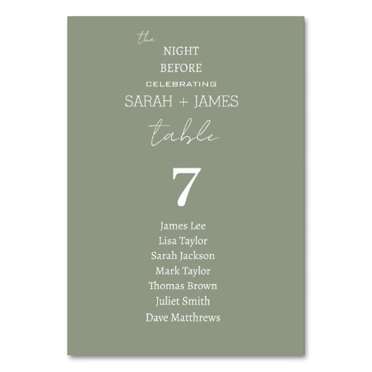Sage Green the Night Before Wedding Seating Chart Tischnummer (Rückseite)