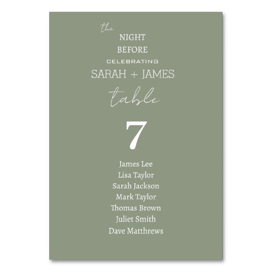Sage Green the Night Before Wedding Seating Chart Tischnummer (Vorderseite)