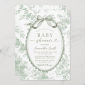 Sage Green Toile Chinoiserie Bow Baby Shower Einladung (Vorne/Hinten)