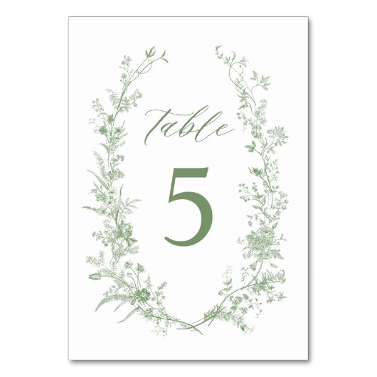 Sage Green Toile Classic Bloral Wedding Tischnummer (Rückseite)