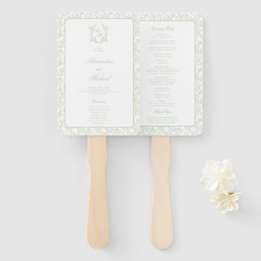 Sage Green Toile Crest Monogram Hochzeitsprogramm Fächer (Vorne und Hinten)