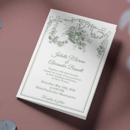Sage Green Toile de Jouy Paris Wedding Invitation Einladung