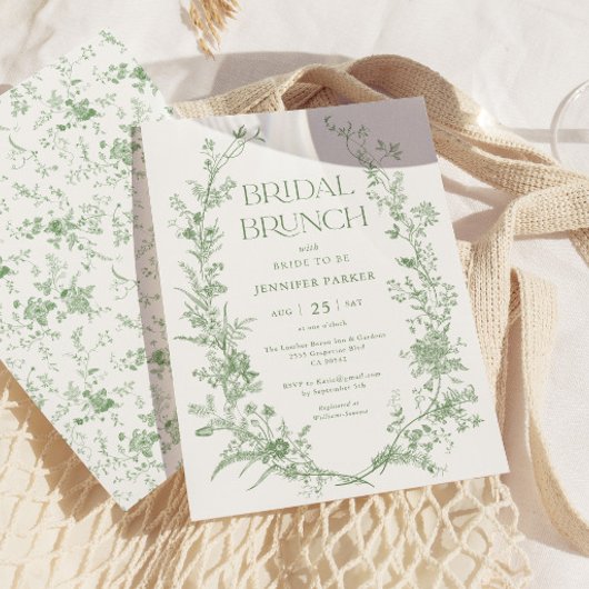 Sage Green Toile Floral Bridal Brunch Einladung