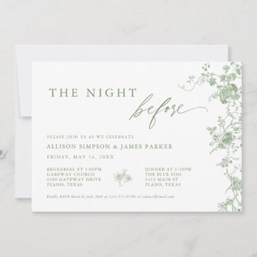 Sage Green Toile Floral Hochzeit Probe Dinner Einladung (Vorderseite)