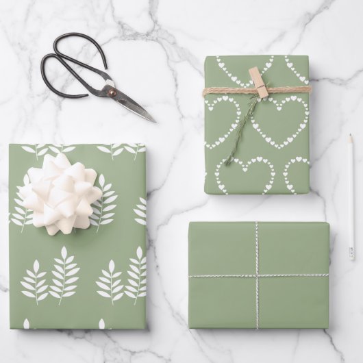 Sage Green Trendy Minimalistisches schlichtes Herz Geschenkpapier Set (Vorderseite)