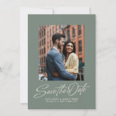 Sage green trendy script two photo wedding save the date (Vorderseite)