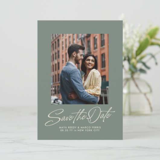 Sage green trendy script two photo wedding save the date (Stehend Vorderseite)