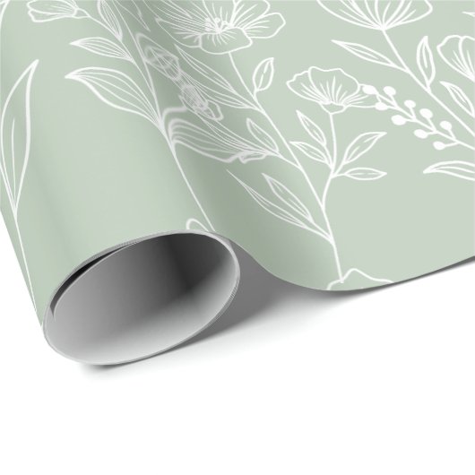 Sage Green Trendy Simple Floral Rustikal Bohemisch Geschenkpapier (Rolleneckpunkt)