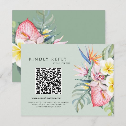 Sage Green Tropical Floral Hawaii QR Code Wedding RSVP Karte (Vorne/Hinten)