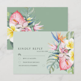 Sage Green Tropical Floral Hawaii Wedding RSVP Karte