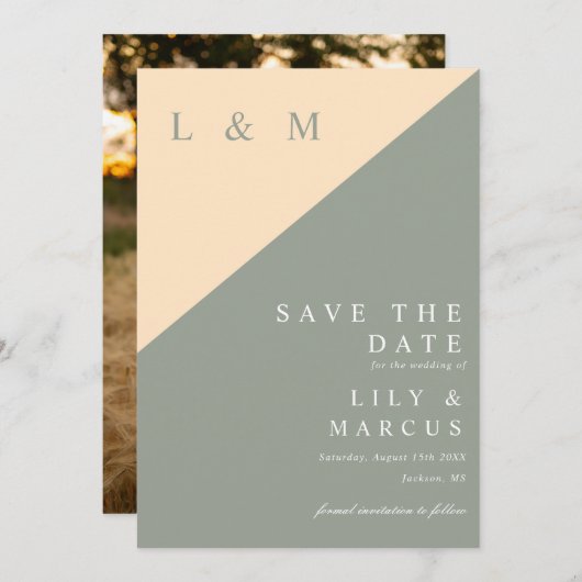 Sage Green und Cream Monogram Wedding Foto Save The Date (Vorne/Hinten)