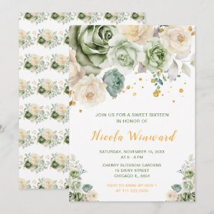 Sage Green und Creme Floral 16 . Geburtstag Einladung