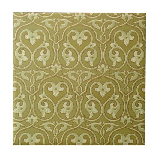 Sage Green und Gold Art Nouveau Pattern Fliese (Vorderseite)