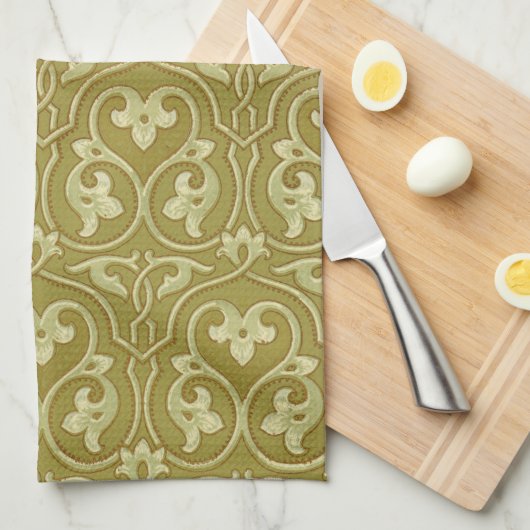Sage Green und Gold Art Nouveau Pattern Geschirrtuch (Viertel Falte)