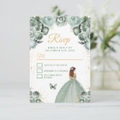 Sage Green und Gold Brown Haarprinzessin RSVP Karte (Stehend Vorderseite)