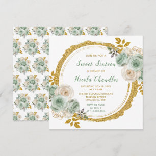 Sage Green und Gold Elegante Blume 16 . Geburtstag Einladung