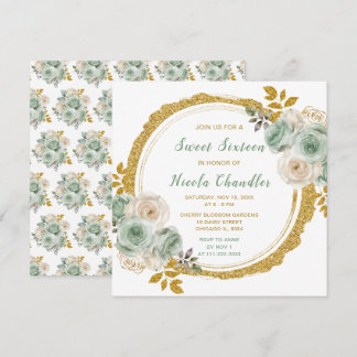 Sage Green und Gold Elegante Blume 16 . Geburtstag Einladung