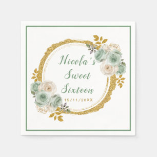 Sage Green und Gold Elegante Blume 16 . Geburtstag Serviette