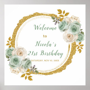 Sage Green und Gold Elegante Blume Geburtstagspart Poster