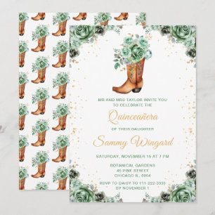 Sage Green und Gold Floral Cowboy Boot Quinceañera Einladung