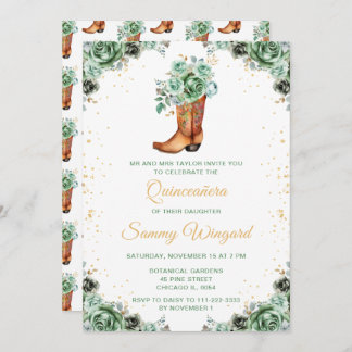 Sage Green und Gold Floral Cowboy Boot Quinceañera Einladung
