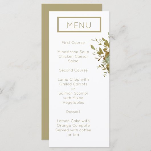 Sage Green und Gold Modernes Minimalistisches Hoch Menükarte (Vorne/Hinten)