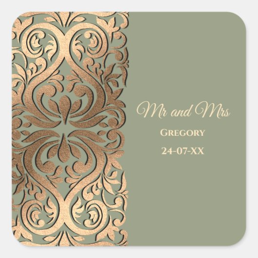 Sage Green und Gold Wedding Eleganter Luxus Quadratischer Aufkleber (Vorderseite)