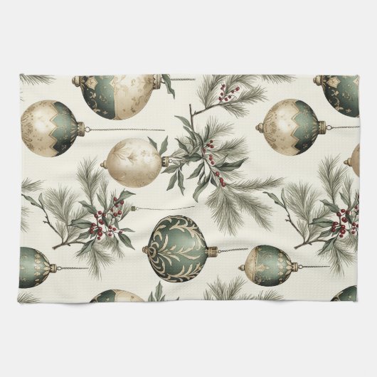 Sage Green und Gold Weihnachtsschmuck Geschirrtuch (Horizontal)