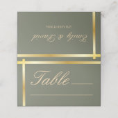 Sage Green und Golden Stripe Moderne Hochzeit Platzkarte (Außenseite Aufgefaltet)