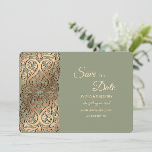 Sage Green und Imitats Gold Save the Date Elegant (Stehend Vorderseite)