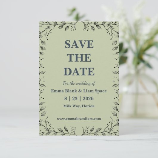 Sage Green und Ivory Wedding Save The Date (Stehend Vorderseite)