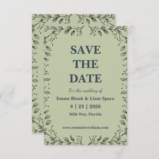 Sage Green und Ivory Wedding Save The Date (Vorne/Hinten)
