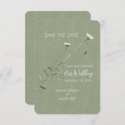 Sage Green und One Single Daisy Save The Date (Vorne/Hinten)